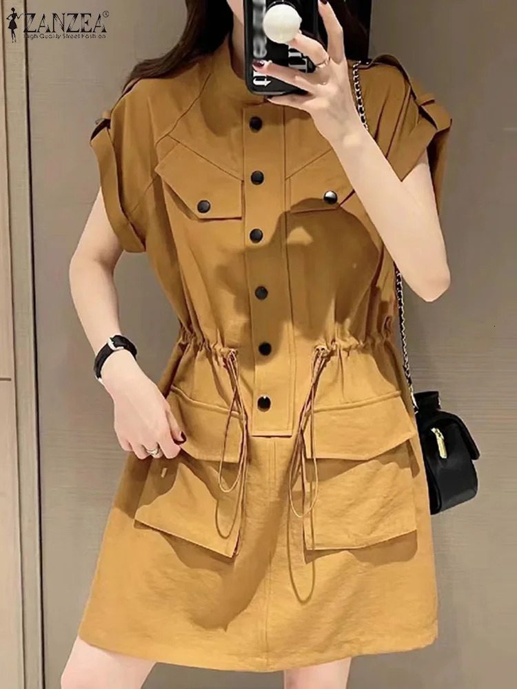 ZANZEA Women Korean Fashion Cargo Vestidos Short Sleeve Casual Button Up Drawstring Waist Mini Dress Work Wear Short Sundress 240629