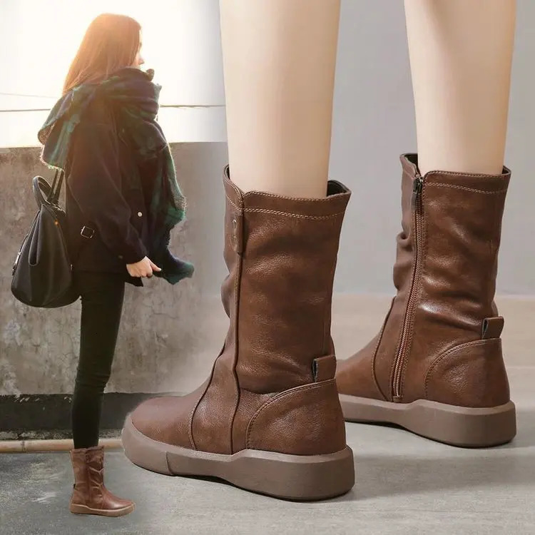 Women Ankle Boots Ladies Shoes Slip on Mid Calf Boots Platform Soft PU Leather Long Boot Footwear Woman Fashion Autumn Winter 240629