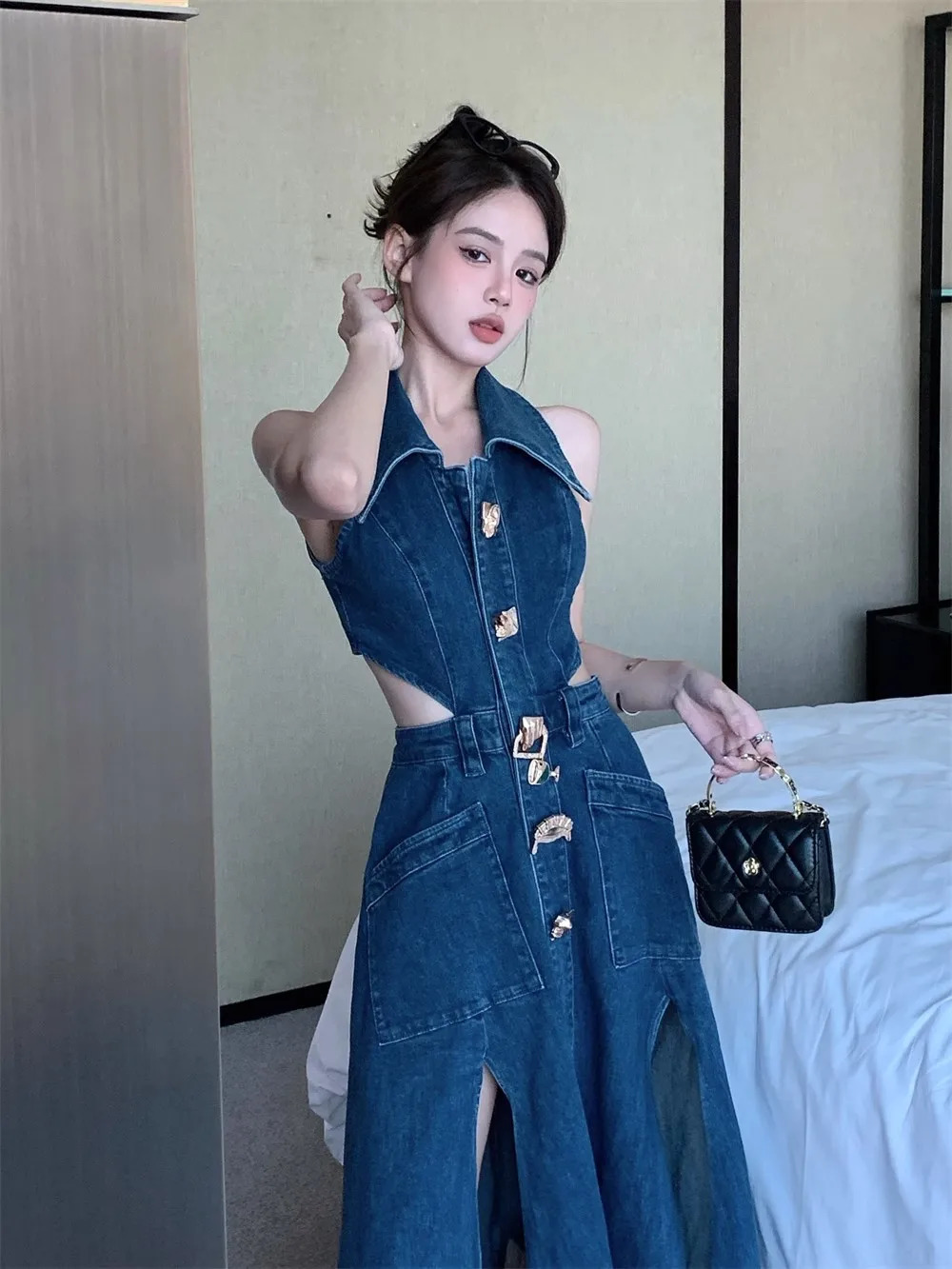 Vintage Lapel Denim Long Dress Womens Summer Ppenwork Split Dress A-line Premium Sense Midi Dress 240629