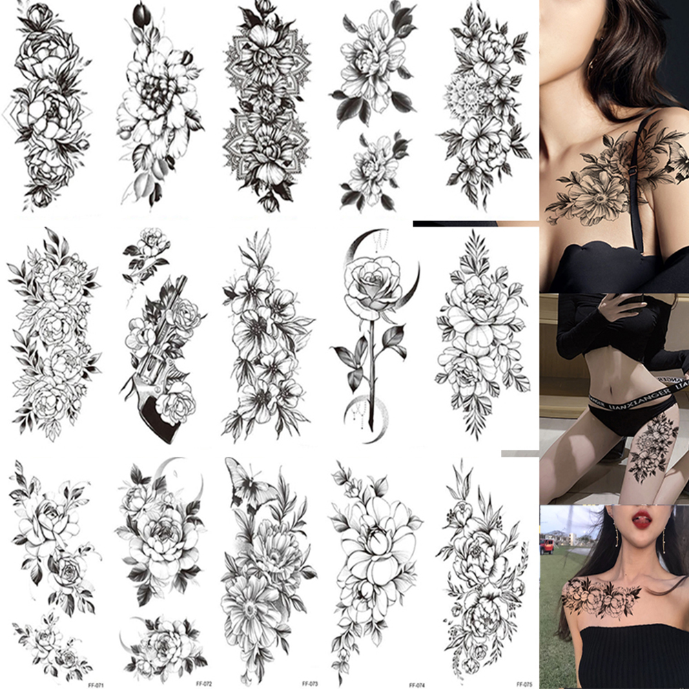 100 Sheets Wholesales Beauty Body Arm Temporary Tattoos Flash Art Black Flower Rose Women Sleeve Waterproof Fake Tatoo Sticker