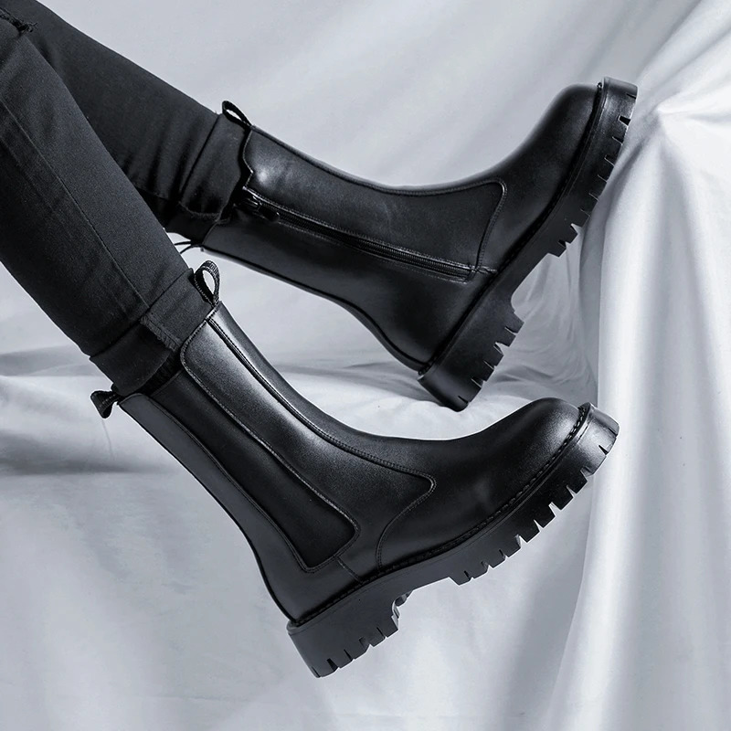 Platform Mens Boots Men Shoes British Style Side Zipper Wear-resistant Casual Boots Classic High-top Black Chelsea Boots 240629