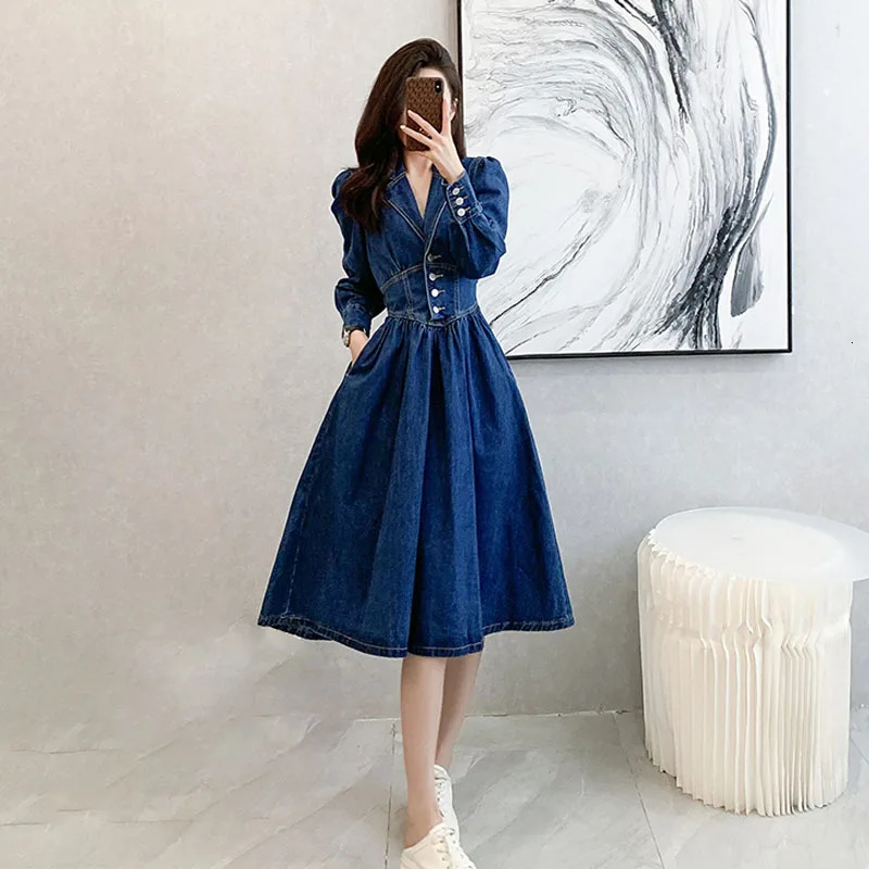 Womens Denim Dress Spring Autumn American Retro Long Sleeved Single Breasted A-line Dresses Temperament Slim Vestidos 240629