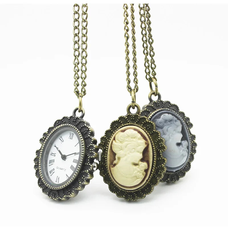 4003 Wholesale Vintage Lady Cameo Pocket Watch Necklace pendant 12pcs/lot concert Christmas party gift 240626