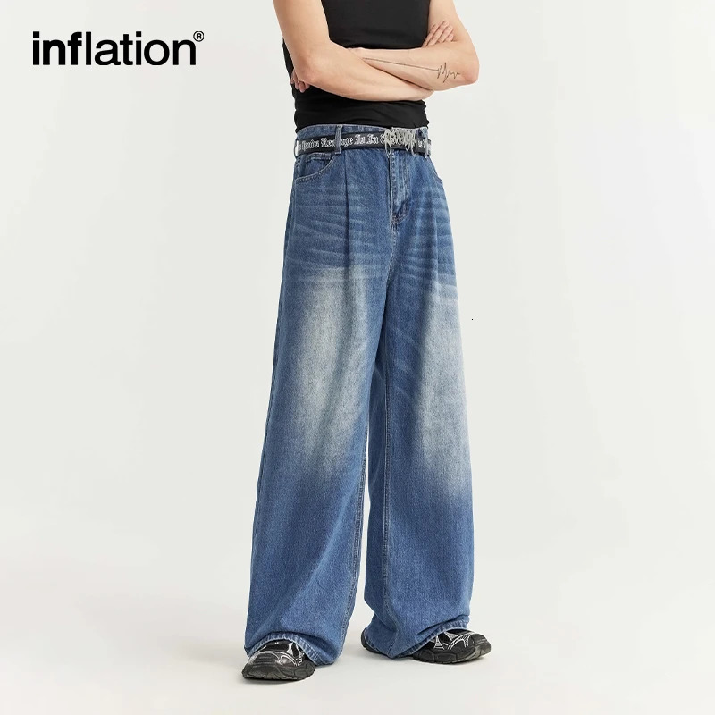 INFLATION High Street Wide Leg Jeans Men Washed Baggy Denim Trousers 240626