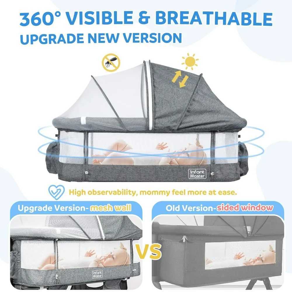 Baby Cribs 3 in 1 Baby Bassinet Upgraded Beside Crib with 360 Highly Visible Mesh wall Comfy Co-sleeper Bassinet 5 Level Adjustable Height WX