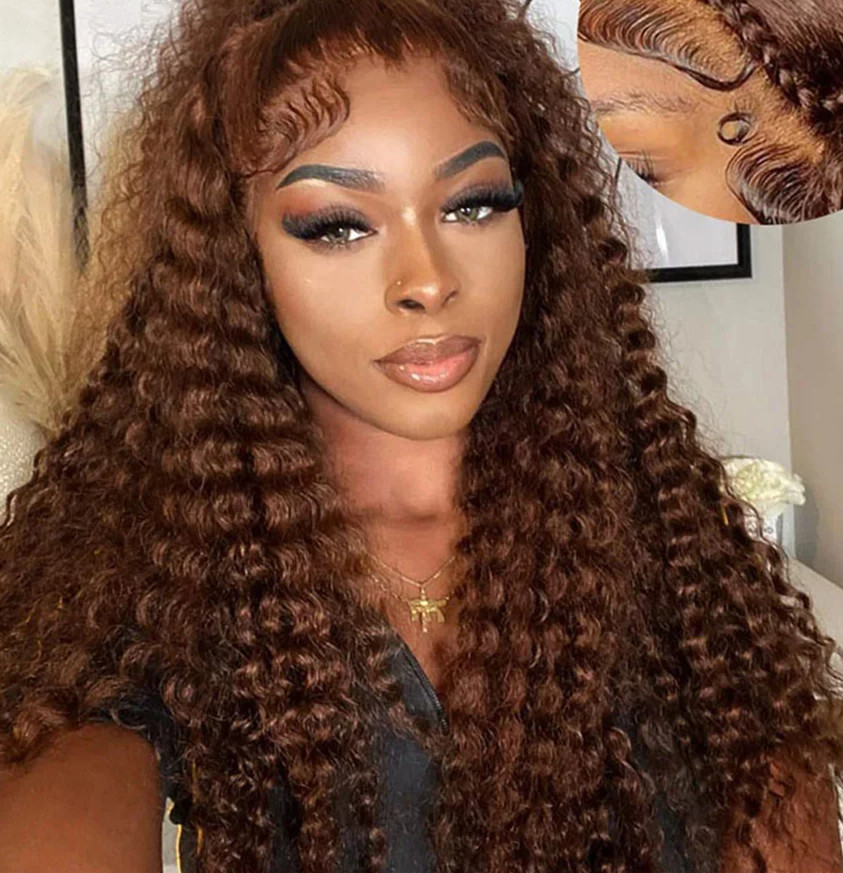 Brown HD Transparent Curly Lace Front Human Hair Wigs Deep Wave Frontal Wig Glueless Chocolate Brown Water Wave Wigs Human Hair
