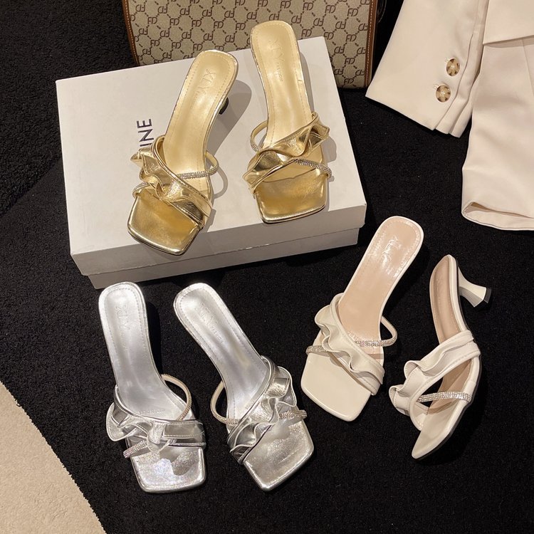 Women Slippers High Heel New Fashion Sandals Dia Outer Wear Triple Beige Gold hot Sier Free shipping