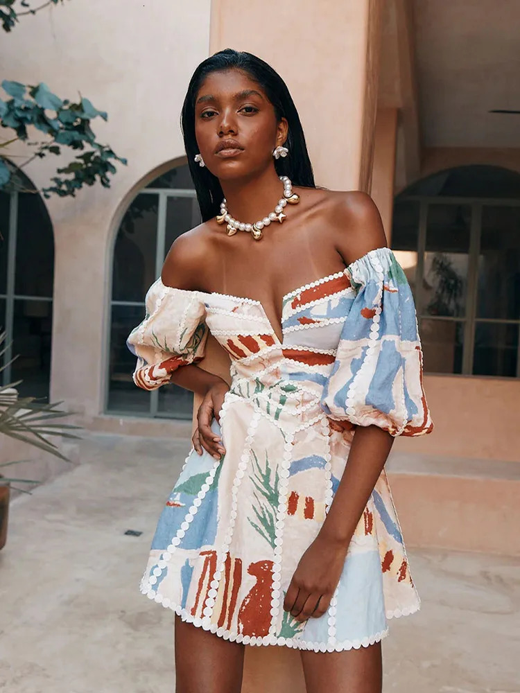 Fashion Printed Puff Sleeve Aline Mini Dress Women Elegant V Neck Backless Short Summer Lady Chic Holiday Vestidos 240627