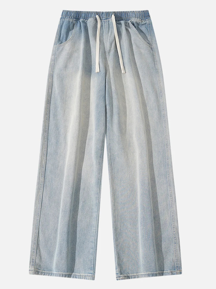 Spring High Street Men Loose Elastic Waist Baggy Straight Jeans Streetwear Y2K Vintage Fashion Wideleg Denim Pants 240619