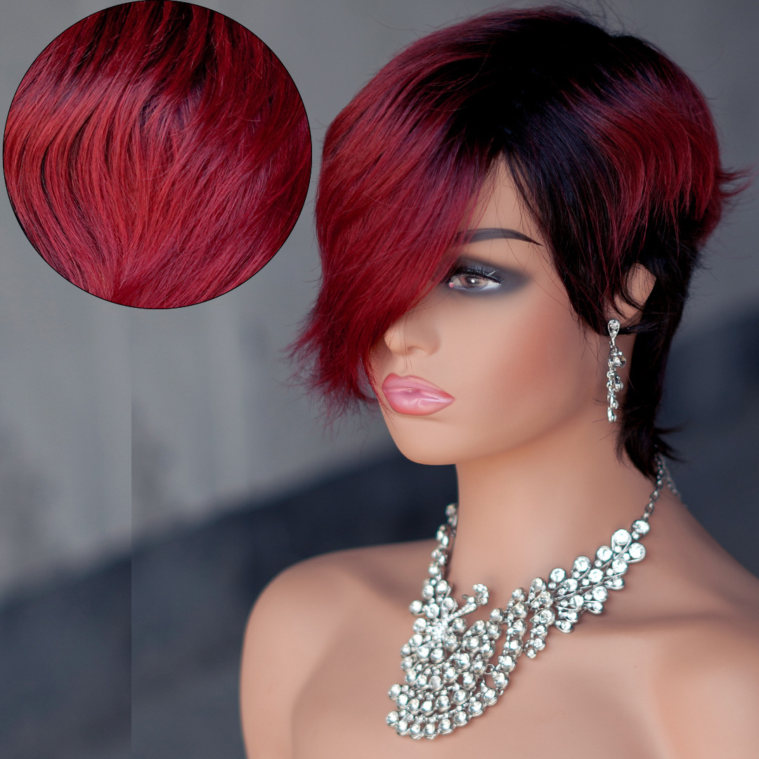 Europe and America Short Elfin Straight Simulation Human Hair Wigs With Bangs Full Lace Front Wigs For Black Women Glueless Fringe Wig Bangs