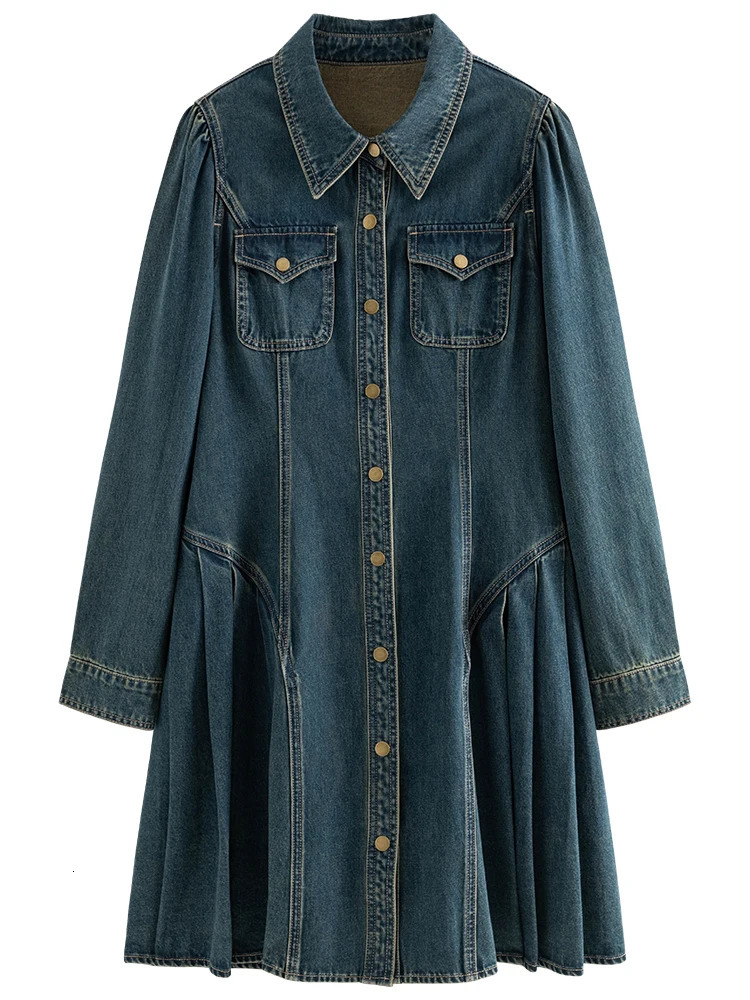 DUSHU Straightforward Fashionable Retro Denim Dress for Women Versatile A-line Pleated Skirt for Spring Female Dress 24DS81090 240629