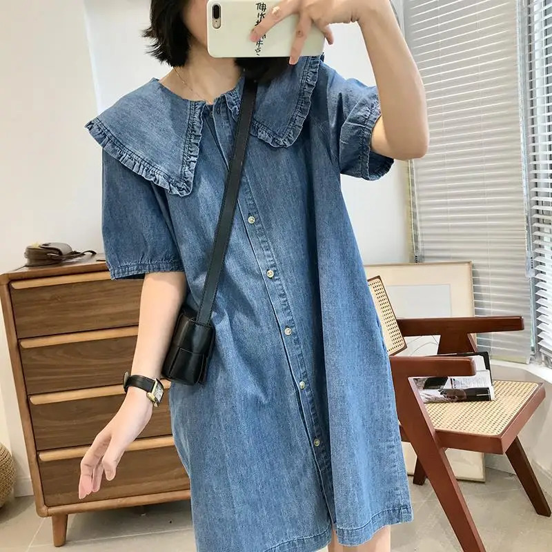 Korean Style Summer Doll Collar Denim Dress Short Sleeves Loose Cute Midi Dress 240629