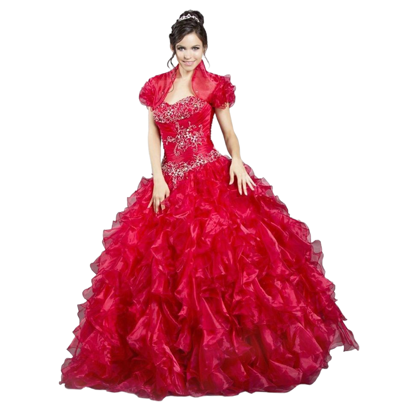 Pluffy Ruffles Red Organza Quinceanera Dresses With Short Jacket Puff Sleeves Embroidery Beaded Floor length Prom Party Gowns Sweet 16 Dress Celebrity