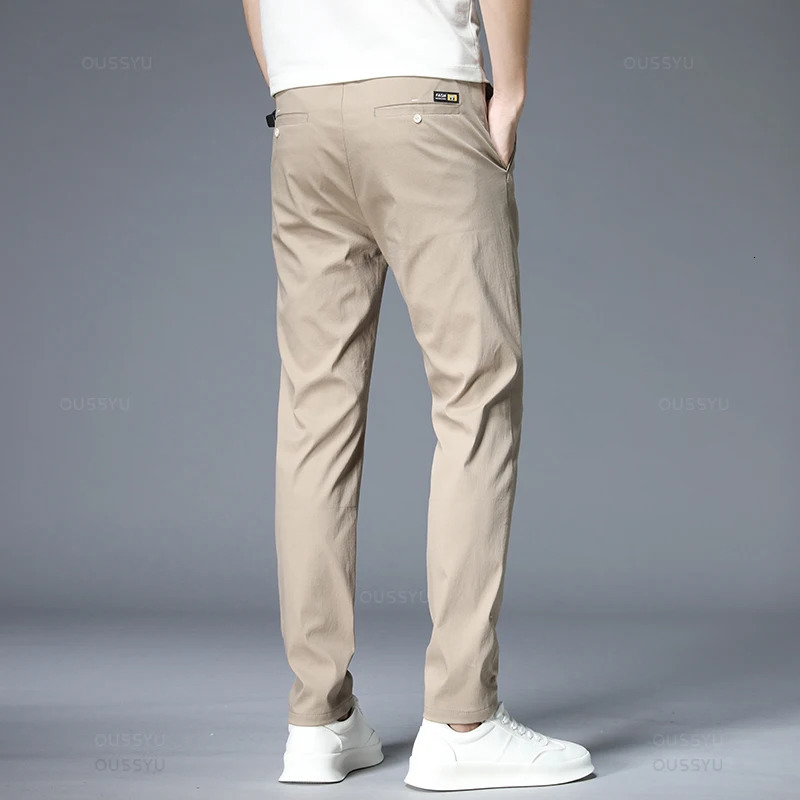 Summer Casual Pants Men Thin Stretch Slim Fit Elastic Waist Business Classic Korean Work Cotton Trousers Male Khaki Gray Green38 240627