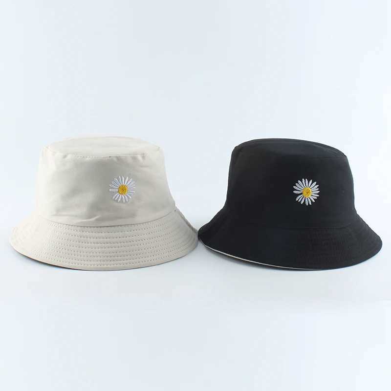 Wide Brim Hats Bucket Hats 2021 Spring Women Fishing Bucket Hat Panama Summer Sunscreen Sun Cap Flower Daisies Embroidery Reversible Fisherman Hat