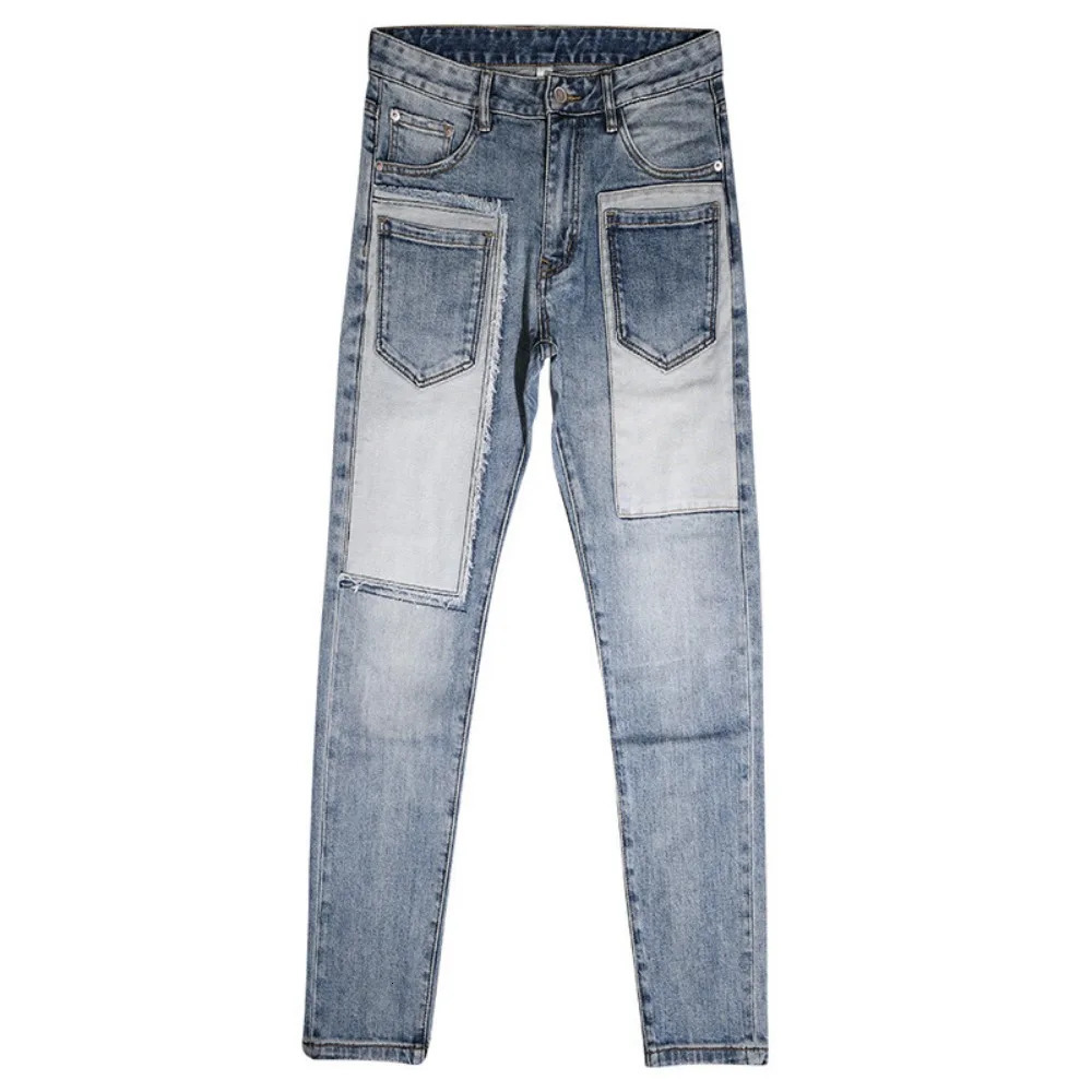 Autumn Winter Mens Retro Spliced Jeans Fashion Personalized Elastic Casual Pants y2k Clothes Men Baggy 240619