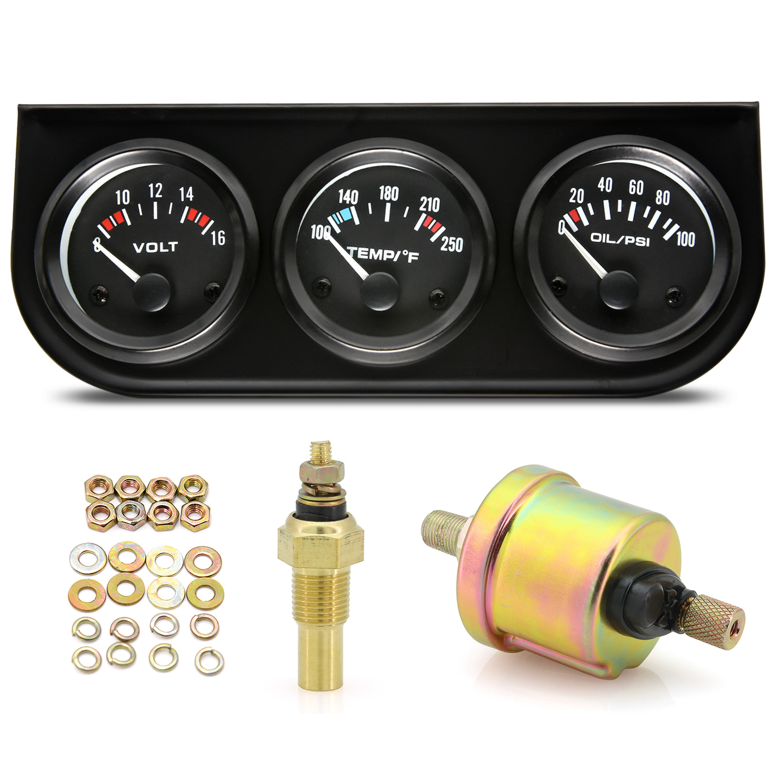 52mm Triple Kit Voltmeter/Oil Temp Gauge + Water Temp Gauge + Oil Pressure Gauge With Sensor 3IN1 Car Meter for Gasoline Car 12V