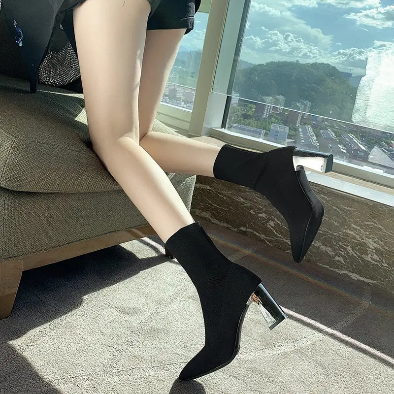 Pointed Elastic High Heel Socks Boots Womens Shoes Trends Fashion Knitted Breathable Slim Thick Heel Short Boot Black Sexy 240629