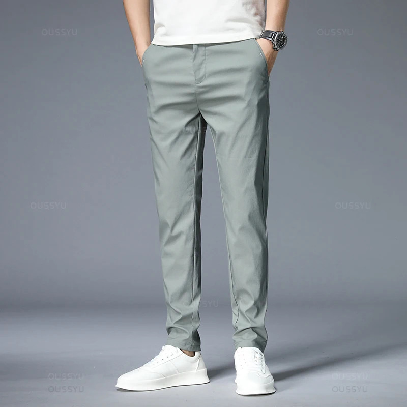 Summer Casual Pants Men Thin Stretch Slim Fit Elastic Waist Business Classic Korean Work Cotton Trousers Male Khaki Gray Green38 240627