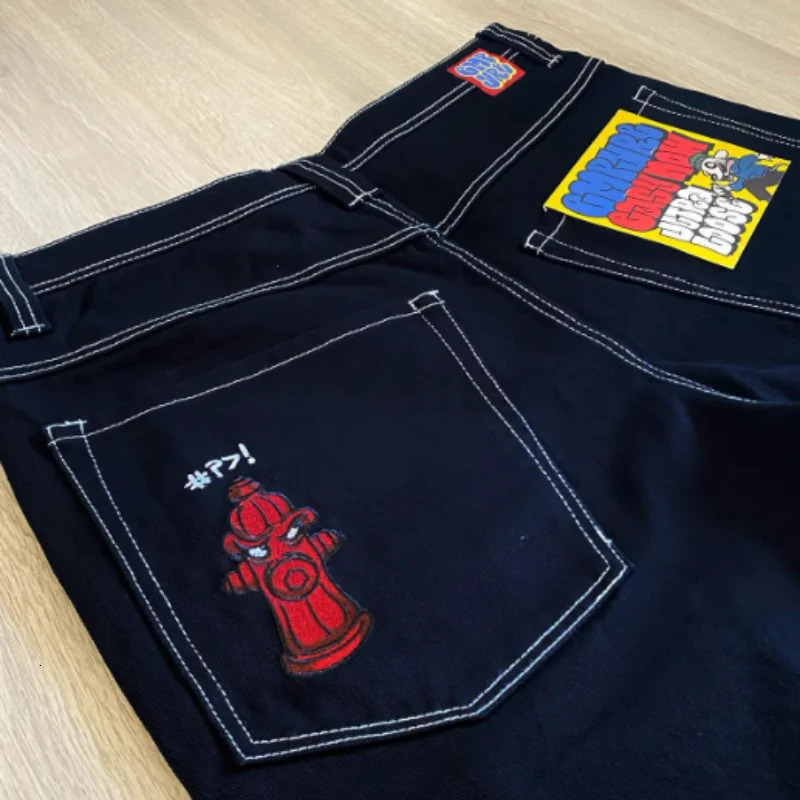 American High Street Cartoon Graphic Embroidery Baggy Jeans Waist Wide Leg Trouser Hip Hop Harajuku Big Boy Y2k Streetwear 240626