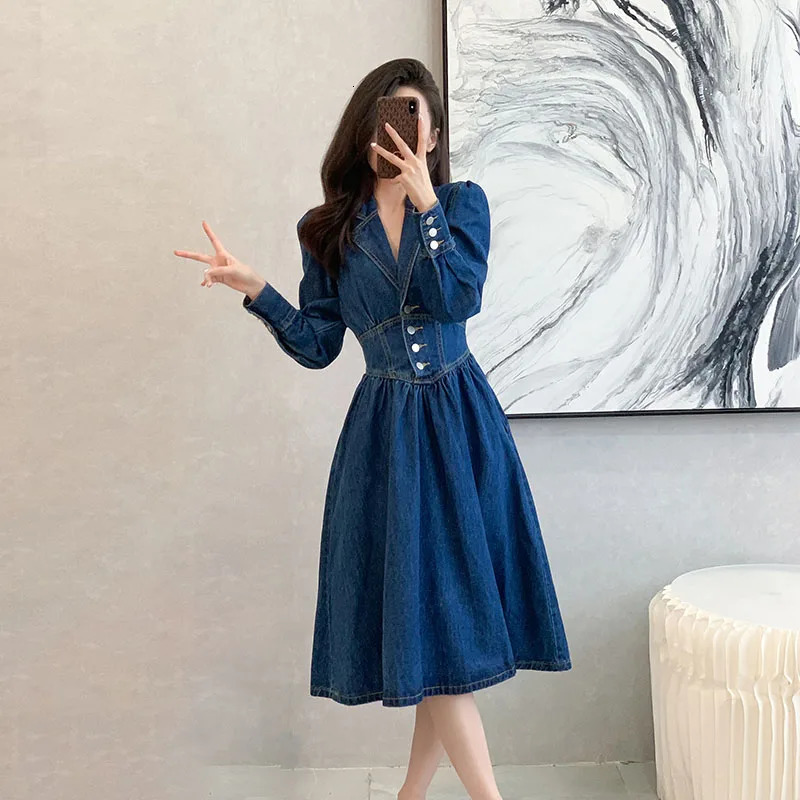 Womens Denim Dress Spring Autumn American Retro Long Sleeved Single Breasted A-line Dresses Temperament Slim Vestidos 240629