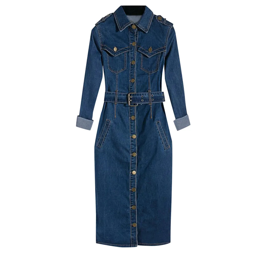 Fashion Jeans Dress Denim Dresses Winter Office Slim Jeans Long Sleeve Mid-Cuff Denim with Belt for Women Jeans Dress Long Dress 240629