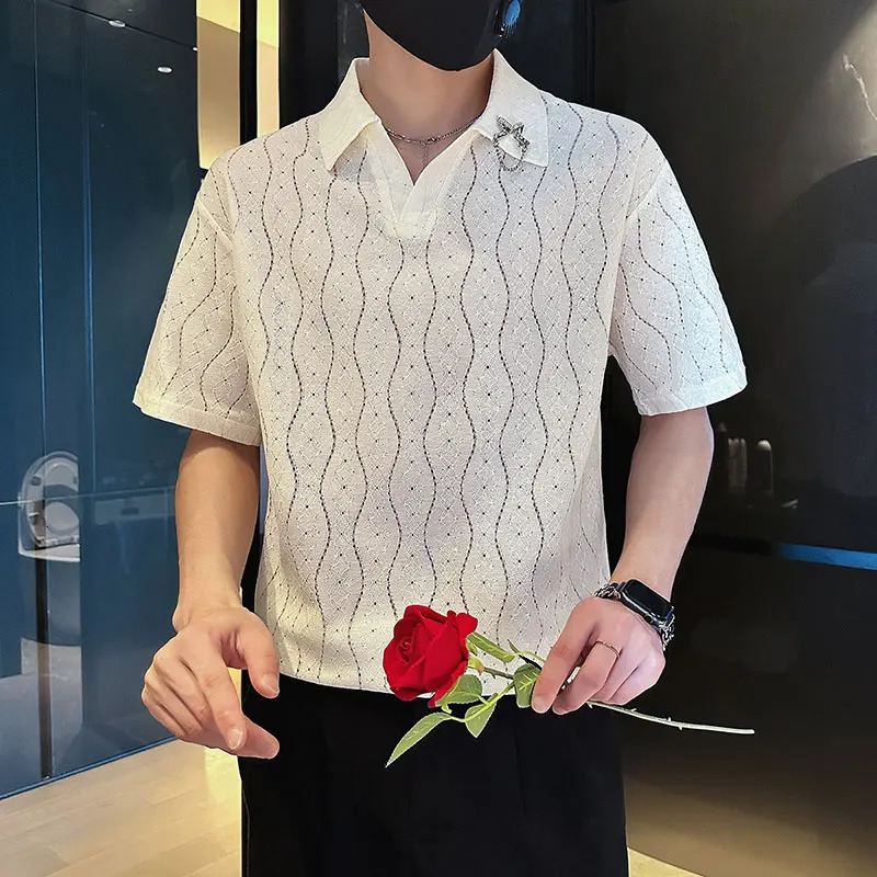 High Quality Striped Polo Shirt Men Hollow Comfortable Polo Neck T-shirt Summer Short Sleeve Casual Social Streetwear Polo Shirt 240629