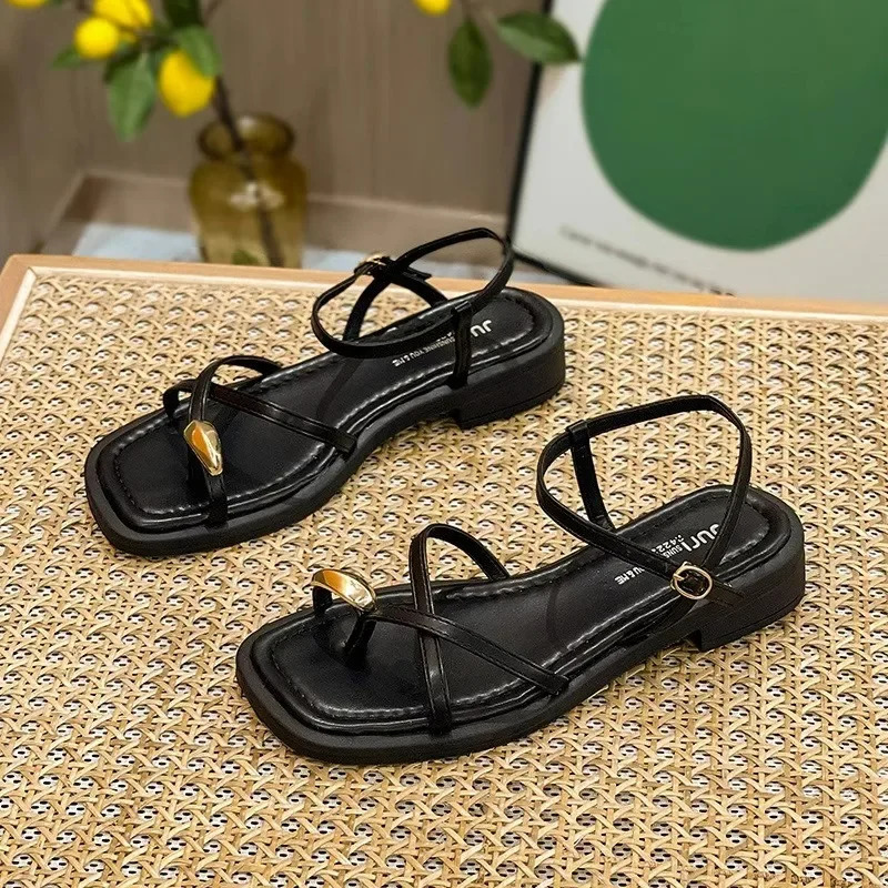 Heeled Sandals Shoes Womens Black Beach Summer Girls Low Comfort Sports Casual Solid 240629