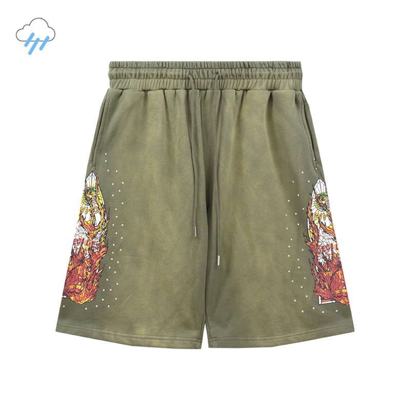 Graphics Print Shorts Men Women Jogger Vintage Washed Greeen Black Brown Gray Breeches