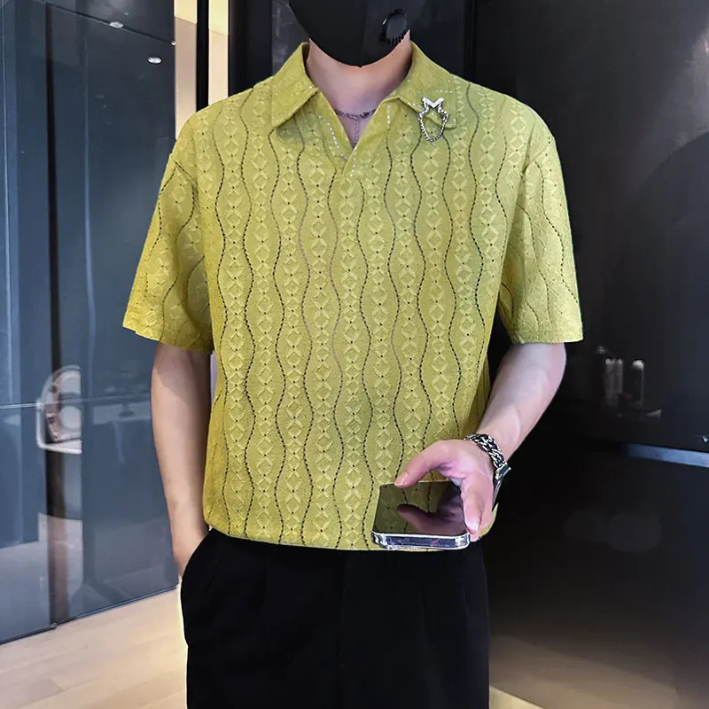 High Quality Striped Polo Shirt Men Hollow Comfortable Polo Neck T-shirt Summer Short Sleeve Casual Social Streetwear Polo Shirt 240629