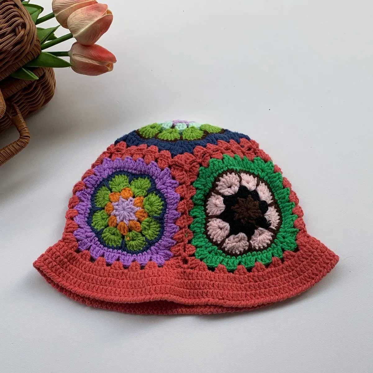 Wide Brim Hats Bucket Hats Japanese Retro Hollow Flower Handmade Knitted Basin Hat Female Sweet Face Small Versatile Crochet Wool Bucket Hat