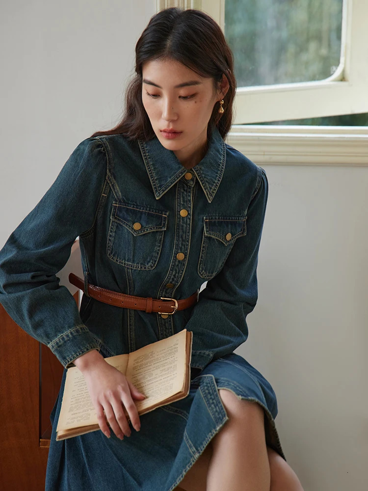 DUSHU Straightforward Fashionable Retro Denim Dress for Women Versatile A-line Pleated Skirt for Spring Female Dress 24DS81090 240629