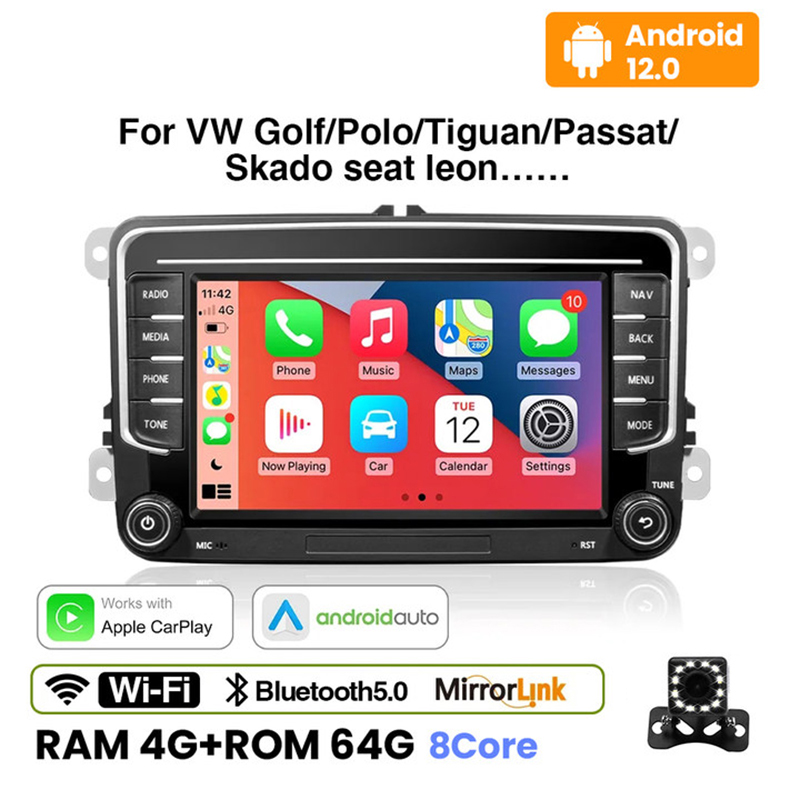 2 Din 7 Inch Android 12.0 Car Radio GPS For VW Volkswagen Skoda Octavia Golf 5 6 Touran Passat B6 Polo Jetta Car Multimedia Play