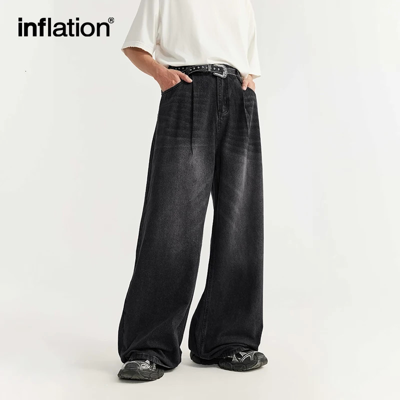 INFLATION High Street Wide Leg Jeans Men Washed Baggy Denim Trousers 240626
