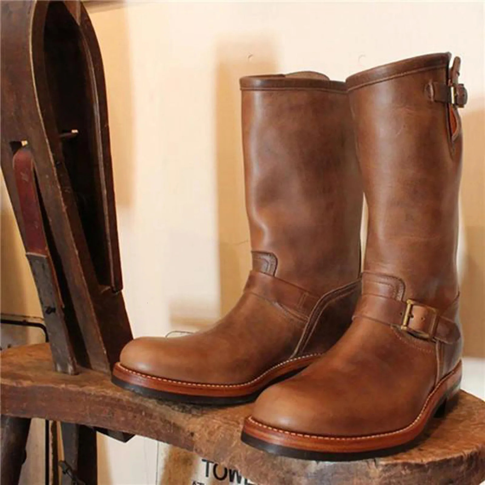 Men Boots Cow Rider Boots Belt Buckle Square Heel Mid Calf Winter PU Western Motorcycle Boots Work Safety Shoes 240629