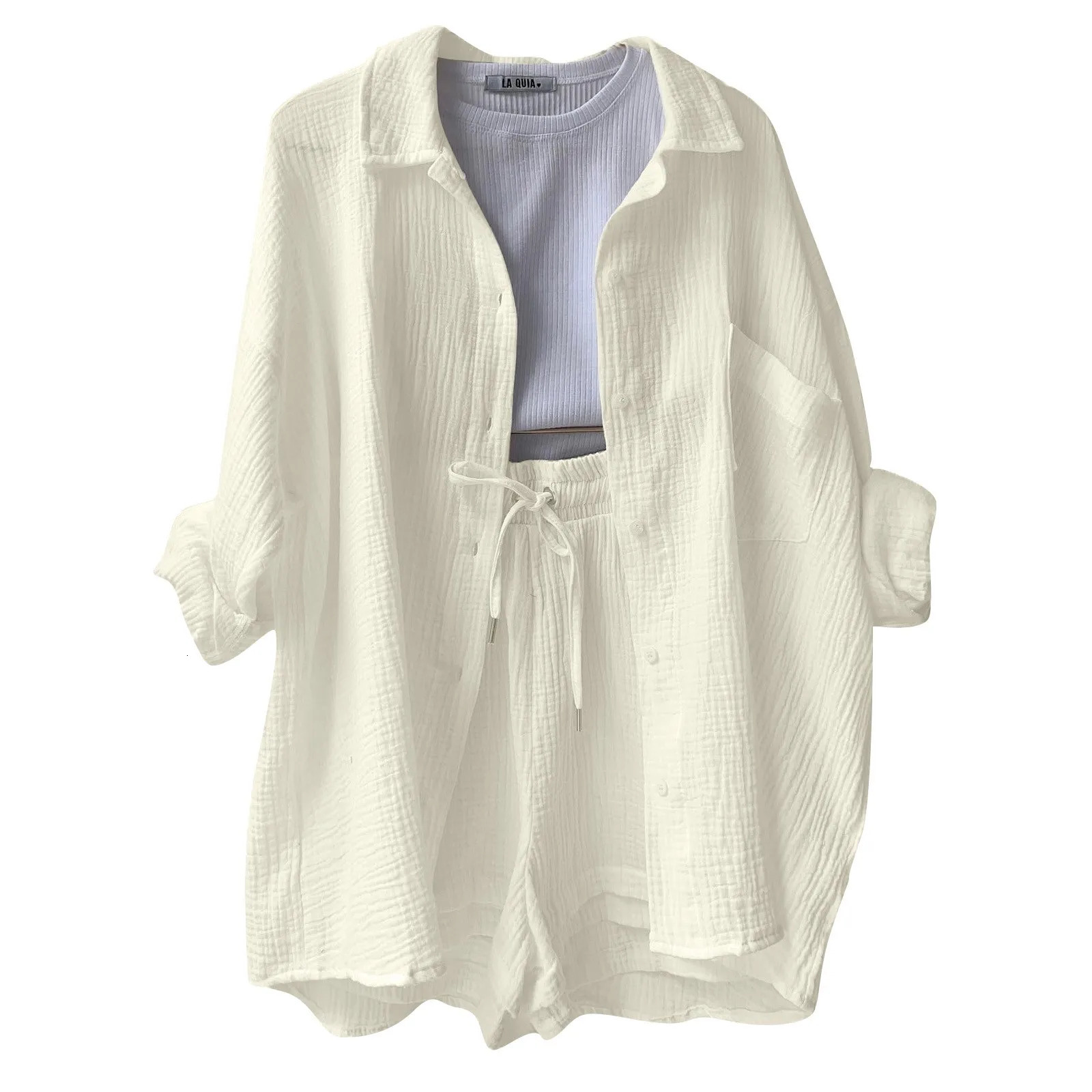 Two Piece Womens Summer Muslin Blouse Shirt And Shorts Clothes Set Beach Outfit Women 240627