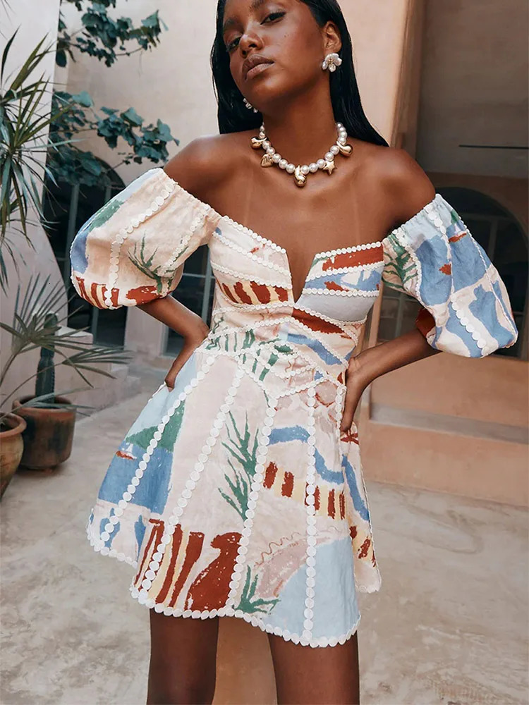 Fashion Printed Puff Sleeve Aline Mini Dress Women Elegant V Neck Backless Short Summer Lady Chic Holiday Vestidos 240627