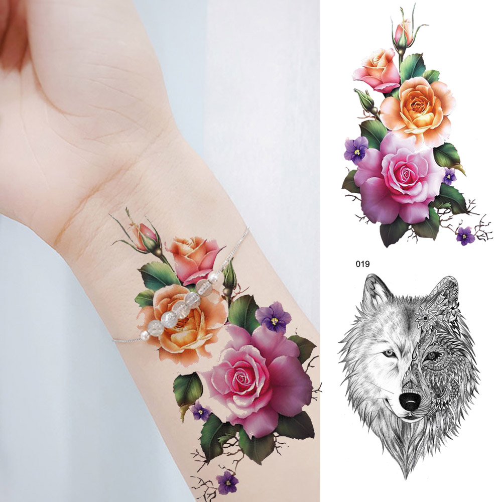 Temporary Tattoo Watercolor Women Lotus Fake Tattoo Stickers Men Black Sketch Forest Wolf Water Transfer DIY Tatoos Rose Flower
