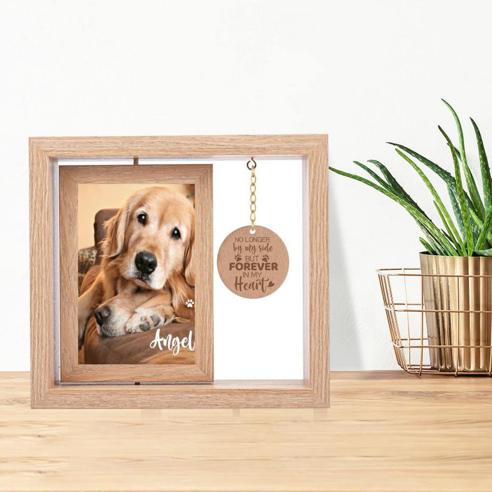Pet Memorial Wooden Photo Frame Rotatable Double-sided No Longer by Side But Forever in My Heart 4x6-Inch Desktop Dog Cat Pic H260306