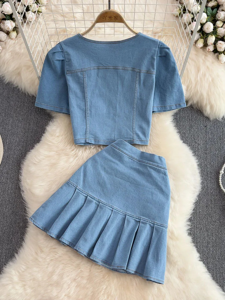 Womens Set Jeans 2 Pieces Suits Woman Matching Sets Buttons Jumpers Mini Skirt Short Sleeve Female Clothes Costumes 240627