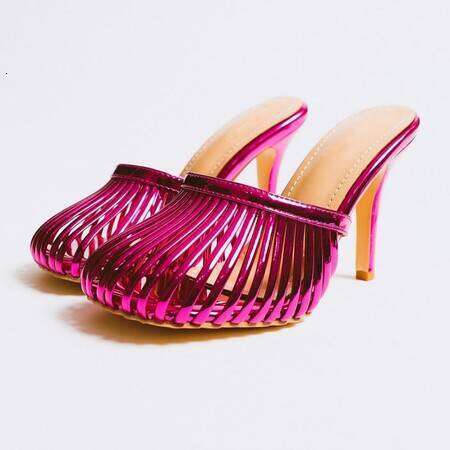 2024 Leather Mesh Hollow Sandals Square Head High 12Cm Thin Heel Fashion European American Outside Slippers 35-45