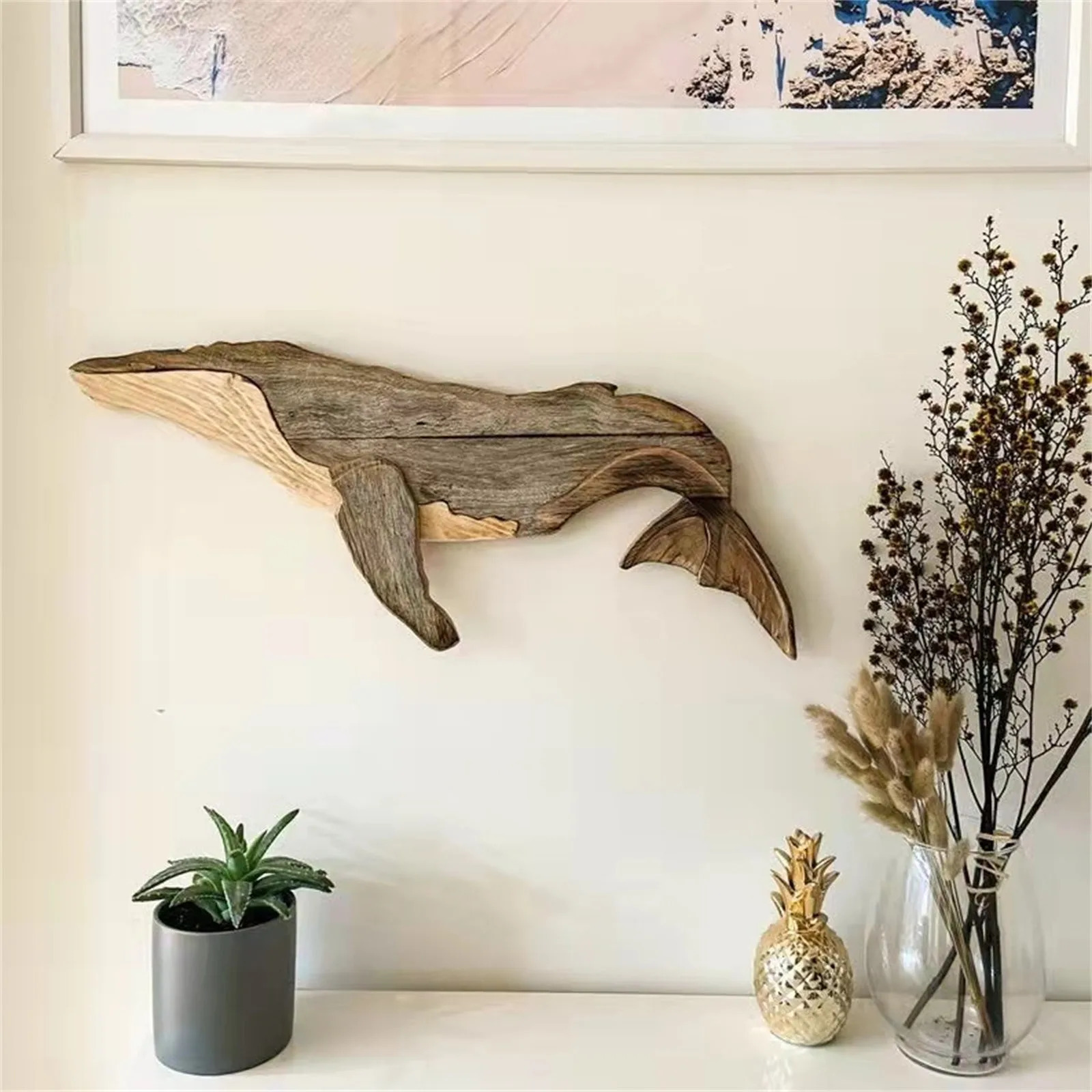 Wooden Sea Fish Decor Statue Whale Figurine Sculpture Ornament Rustic Decoration Wall Hanging Decoration For Living Room Bedroom 240624