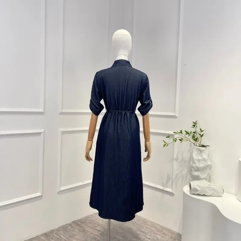 Summer Women Fashion Vintage Office Lady Dark Blue Black Solid Belt Turn-down Collar Midi Jean Dress Top Quality 240629