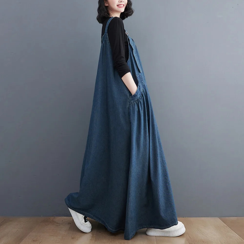 Women Fashion Spring Autumn Long Dress Retro Loose Slimming Denim Suspender Skirt Dresses Long Large Swing Dress y2k 240629
