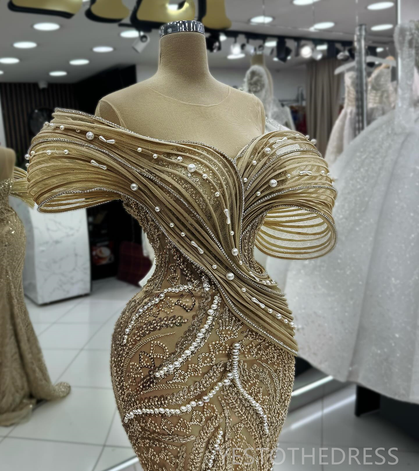 2024 Plus Size Gold Prom Dresses for Special Occasions Mermaid Promdress Formal Dresses for Women Sheer Neck Illusion Beaded Lace Rhinestone Engagemen