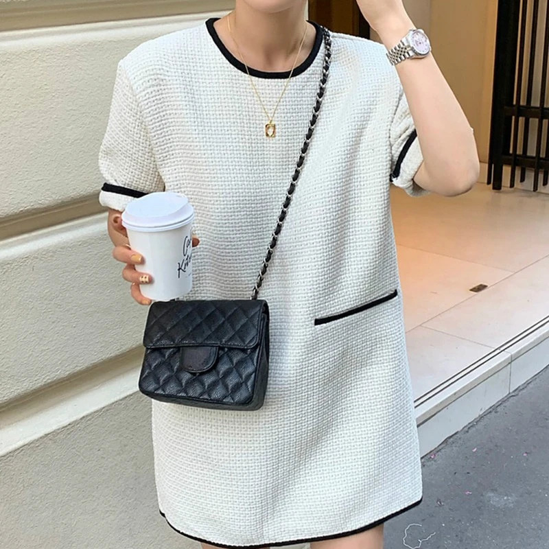 Spring Autumn Office Lady Mini Tweed Dress Women Short O-Neck Half Sleeve Straight Casual Style for Female Dress Vestidos 240625