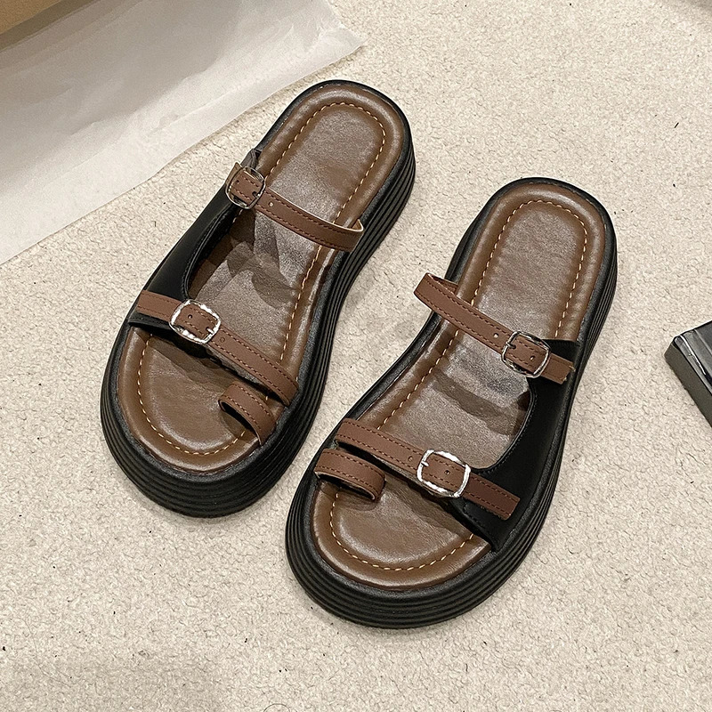 French Style Toe Ring Sandals for Women Factory Supply Korean Goddess Retro One-Step Drag Cool Slippers 240629