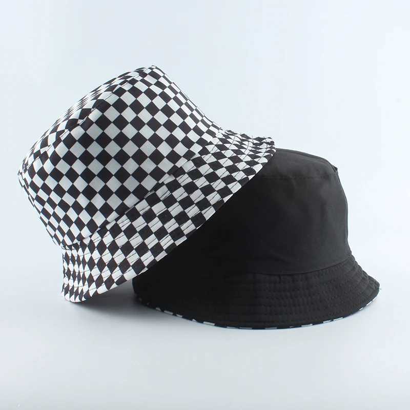 Wide Brim Hats Bucket Hats 2023 New Brand Black White Plaid Check Bucket Hats Fishing Caps Women Mens Reversible Fisherman Hat