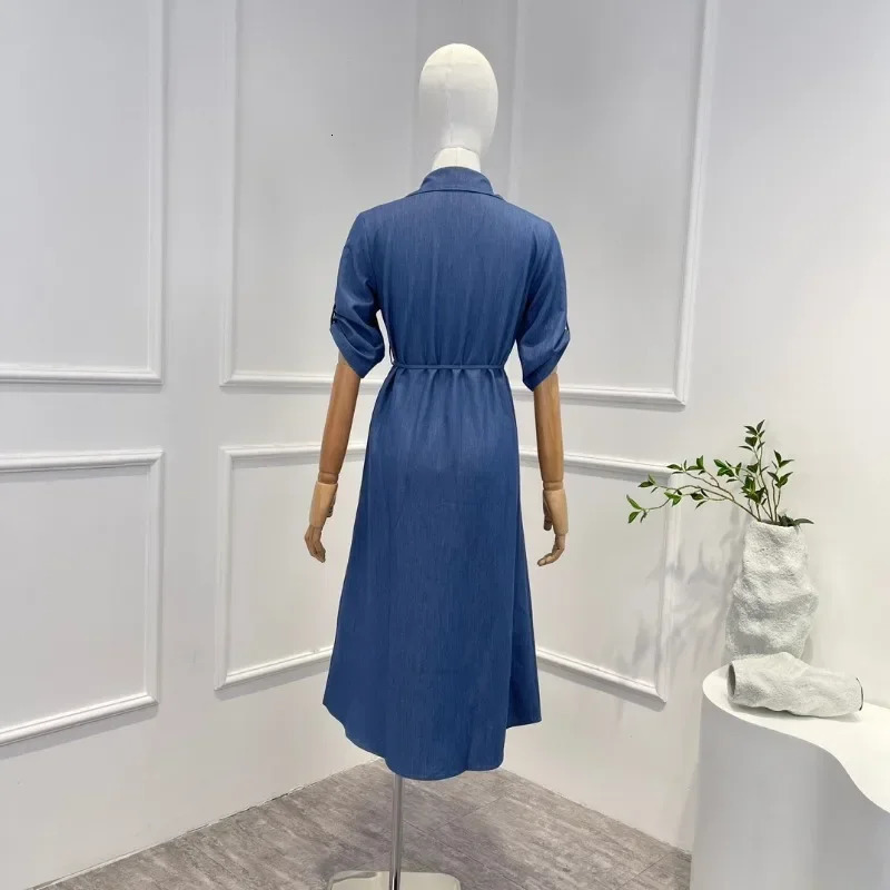 Summer Women Fashion Vintage Office Lady Dark Blue Black Solid Belt Turn-down Collar Midi Jean Dress Top Quality 240629