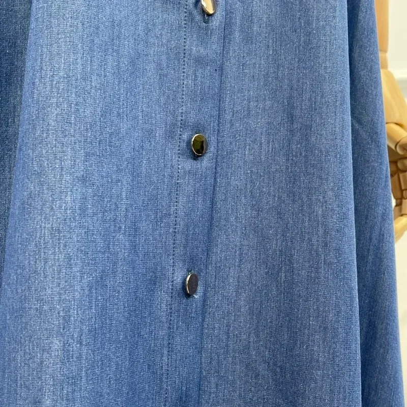 Summer Women Fashion Vintage Office Lady Dark Blue Black Solid Belt Turn-down Collar Midi Jean Dress Top Quality 240629